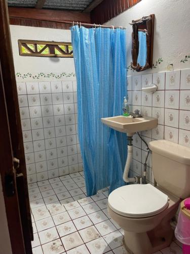 a bathroom with a toilet and a blue shower curtain at Las Casitas de Playa Pochote. in Pochote