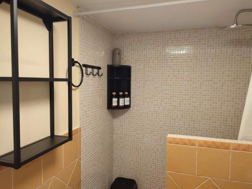 ein Bad mit einer Dusche und einem Seifenspender an der Wand in der Unterkunft Apartamento en playa semi-privada in Benalmádena