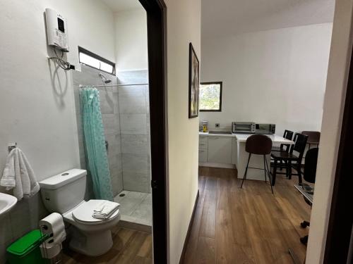 uma casa de banho com WC e chuveiro e uma cozinha em Peaceful Apartment by the Langosta Beach em Tamarindo