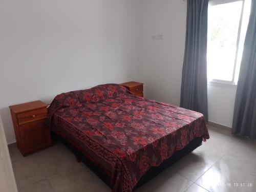 a bedroom with a bed with a red comforter and a window at Rico in Mar de Ajó