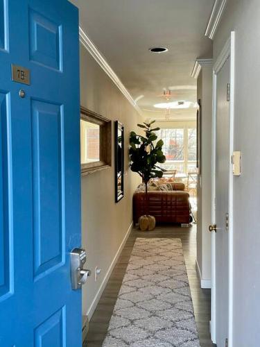 a hallway with a blue door and a plant in it at Designer Unit -Center of Town of Telluride, steps to Gondola and town park in Telluride