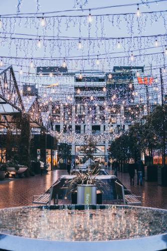 a city street with christmas lights and a fountain at Luxurious & Spacious Living with Breathtaking Views in Auckland