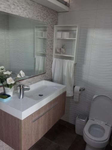 uma casa de banho com um lavatório, um WC e um espelho. em Casa villa Eru em Pisco