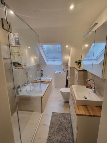 uma casa de banho com um chuveiro, um WC e um lavatório. em Stern Apartment em Wehr