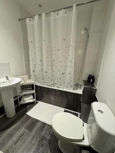 a bathroom with a toilet and a sink and a shower at Apt sleeps 5-Netflix-parkg-near City Centre-Etihad-Coop live in Manchester