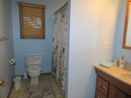 La salle de bains est pourvue de toilettes et d'un rideau de douche. dans l'établissement Ocean Club Condo, Brant Beach, One Block To The Ocean!, à Brant Beach