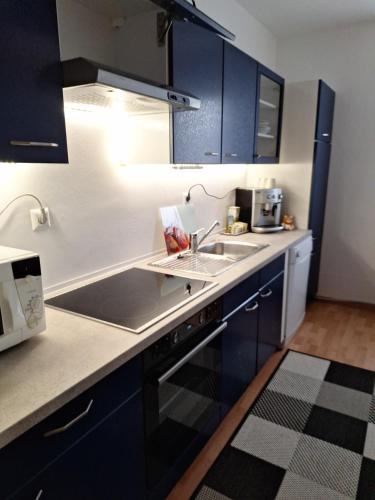 una cocina con armarios azules y fregadero en Ferienwohnung en Erlauf