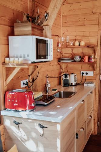- une cuisine avec un comptoir, un four micro-ondes et un évier dans l'établissement Cabane Rouge-Gorge, à Auriac-du-Périgord