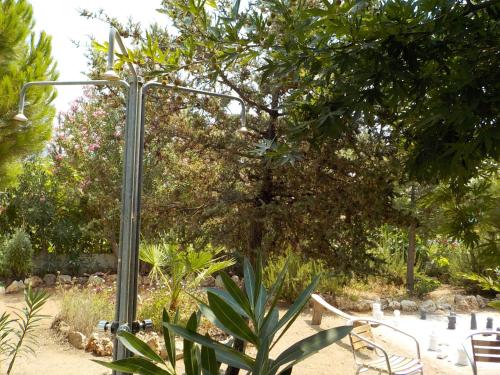 a pole in the middle of a park with a tree at Mandorla Apartments in Lardos