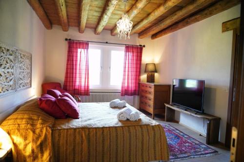 a bedroom with a bed with a television and a window at Agriturismo Modolo 