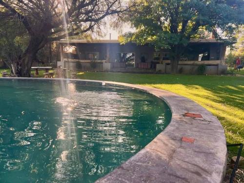 Barkly West的住宿－Die Olyfhuis，一座房子前面带喷泉的游泳池