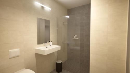 a bathroom with a sink and a toilet and a mirror at ADAPT Apartments Wetzlar in Wetzlar