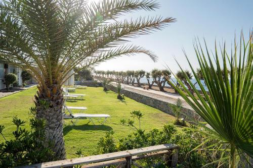 a park with benches and palm trees next to the water at Maritimo Beach Hotel in Sissi