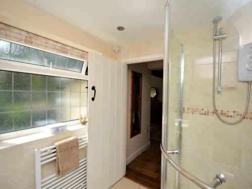 a bathroom with a shower and a glass shower stall at 2 Bed in Crickhowell 76431 in Llangenny