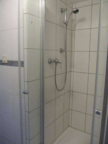 una ducha con puerta de cristal en un baño en Ferienwohnung an der Nahe, en Bad Kreuznach