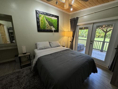 a bedroom with a bed with a picture on the wall at Secluded house, Opening special in Pahoa