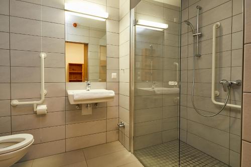 a bathroom with a shower and a sink and a toilet at FAST Ossiach in Ossiach