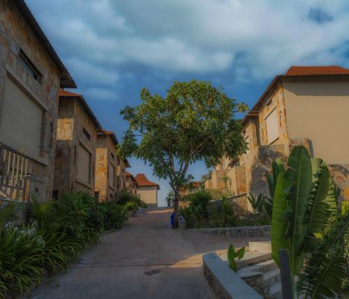 an alley with a tree in the middle of buildings at Sajjan Bagh Resort Kumbhalgarh in Kumbhalgarh