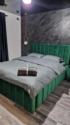 a bed with a green headboard in a room at Apartamentul ALEX in Lupeni