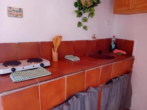- une cuisine avec un comptoir, une cuisinière et un évier dans l'établissement MONTEPERDIDO, à Linares de la Sierra