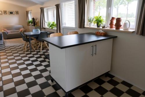 a kitchen with a black counter top on a checkered floor at Op d'n Stolberg in Weert