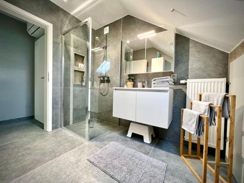 ein Bad mit einer Dusche und einem weißen Waschbecken in der Unterkunft Le P’tit Filot in Hamoir