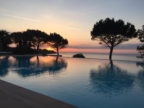 a swimming pool with trees and a sunset in the background at Villa Alba Cefalù in Cefalù