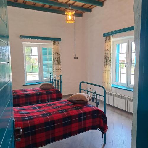two beds in a room with two windows at İvanovka Boutique House in İsmayıllı