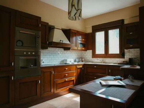 kuchnia z drewnianymi szafkami i piekarnikiem w obiekcie Luxury Villa Kassandrino w mieście Kassandrinón