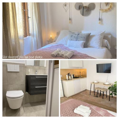 two pictures of a bedroom with a bed and a bathroom at L'Escapade Aixoise hyper centre historique studios free netfilx wifi romantics apartments historic center in Aix-en-Provence