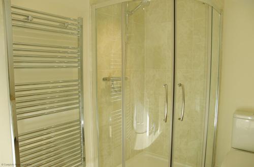 a glass shower in a bathroom with a toilet at Goldridge in Alton