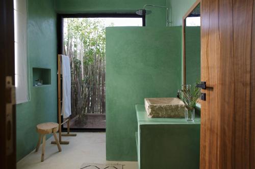 a bathroom with green walls and a table and a window at Villa MISH-MISH in Marrakesh