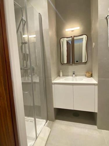 a bathroom with a shower and a sink and a mirror at Porto Aldoar Boutique Flat (Inês) in Porto