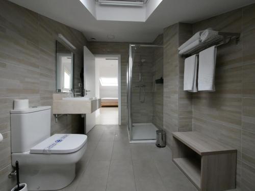 a bathroom with a toilet and a sink and a shower at Hotel Myro in Gijón