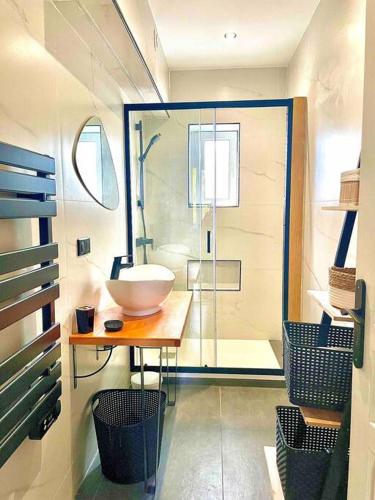 une salle de bain avec un lavabo et une douche en verre dans l'établissement Grand appartement, terrasse, parking, à Annecy