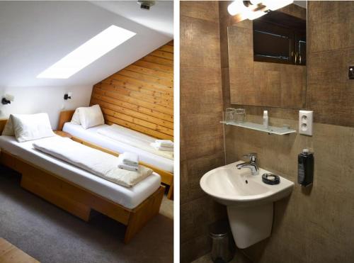 two pictures of a bathroom with a bed and a sink at Vila 3 Stromy sk in Modra