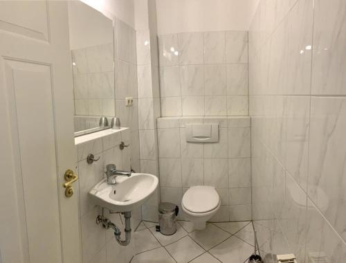 黑靈斯多夫的住宿－Villa Franz Josef，白色的浴室设有卫生间和水槽。
