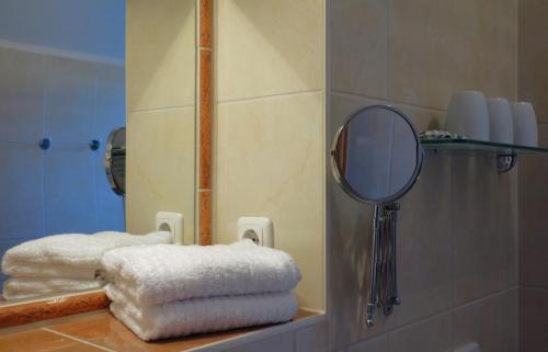 奥斯赛拜-屈隆斯博恩Schönes Apartment mit Balkon, Parkplatz, WLAN的浴室设有镜子和毛巾,位于柜台上