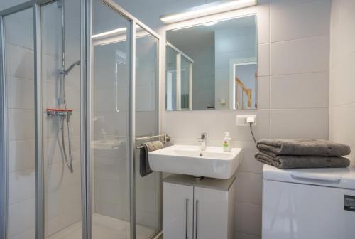 uma casa de banho branca com um lavatório e um chuveiro em charmantes Ferienhaus für 4 Personen mit Sauna und 2 Bädern em Korswandt