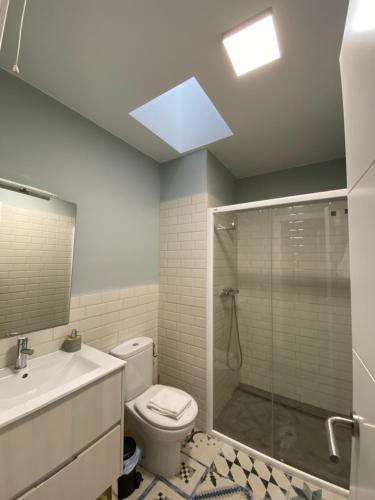 a bathroom with a shower and a toilet and a sink at Casa Cordón in Montilla