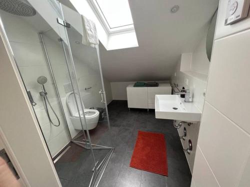 uma casa de banho com um chuveiro, um WC e um lavatório. em DG-Wohnung in Starnberg Nord em Starnberg