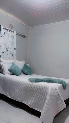 ein Schlafzimmer mit einem weißen Bett und grünen Kissen in der Unterkunft Beautiful adventure in Chichili