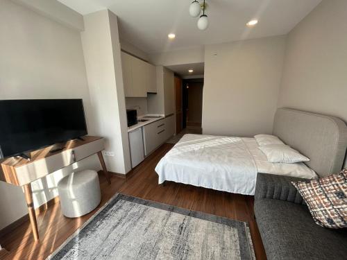 a bedroom with a bed and a tv and a couch at BEGONYA SUİT in Yalova