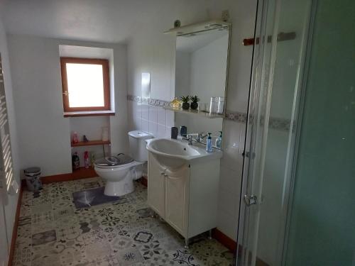 Un baño con inodoro, lavabo y ducha. en Le Papillon, en Savigné