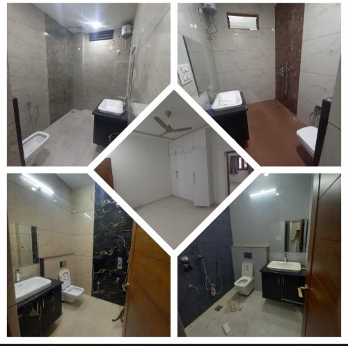 kolaż czterech zdjęć łazienki w obiekcie MMR LUXURIOUS GIRLS PG AND HOSTEL w mieście Dźodhpur