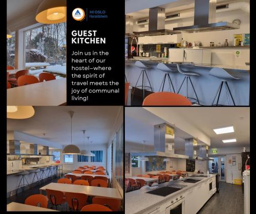 a collage of photos of a restaurant with orange chairs at HI Oslo Haraldsheim in Oslo