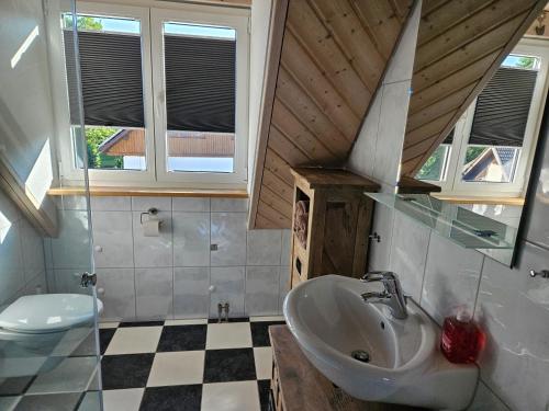 ein Bad mit einem Waschbecken und einem WC in der Unterkunft Weitblick in Öhningen
