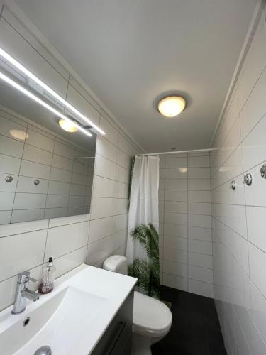 a bathroom with a sink and a toilet and a mirror at Kristiansand, Bystranda 59m2, 2 soverom, 6 senger in Kristiansand