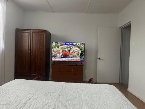 a bedroom with a bed and a flat screen tv at Casa Central, Amplia y Cómoda in Antofagasta