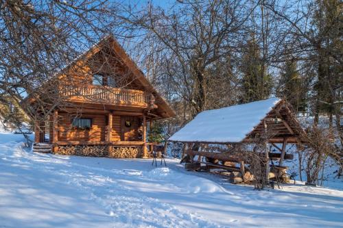 a log cabin in the snow with a porch at Тихий куточок in Izki